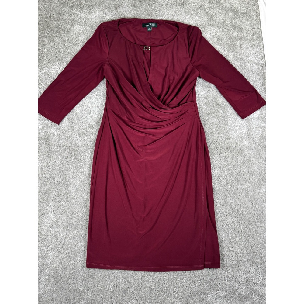 Lauren Ralph Lauren Burgundy Faux Wrap Sheath Dress Petite 10P Red Ruched Jersey